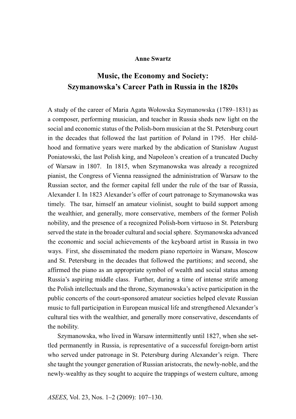 Music, the Economy and Society: Szymanowska's Career Path In