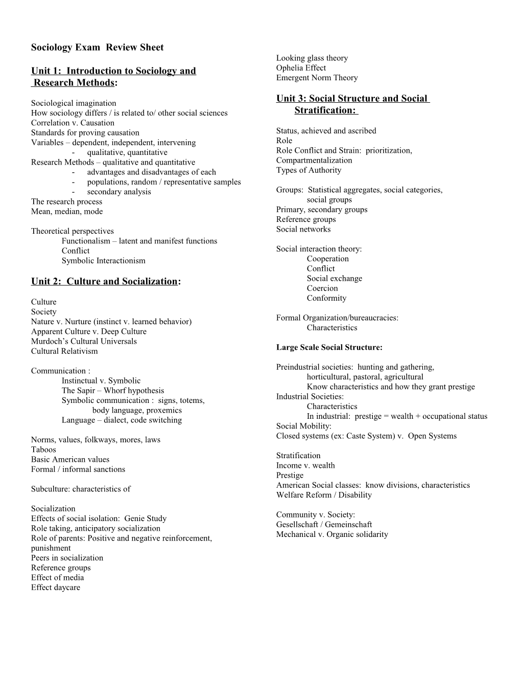 Sociology Test Review Sheet