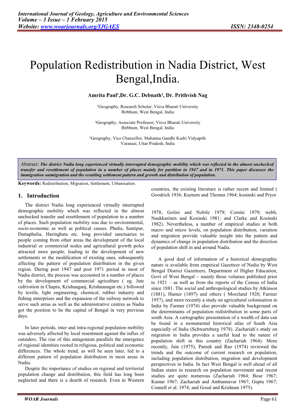 Population Redistribution in Nadia District, West Bengal,India