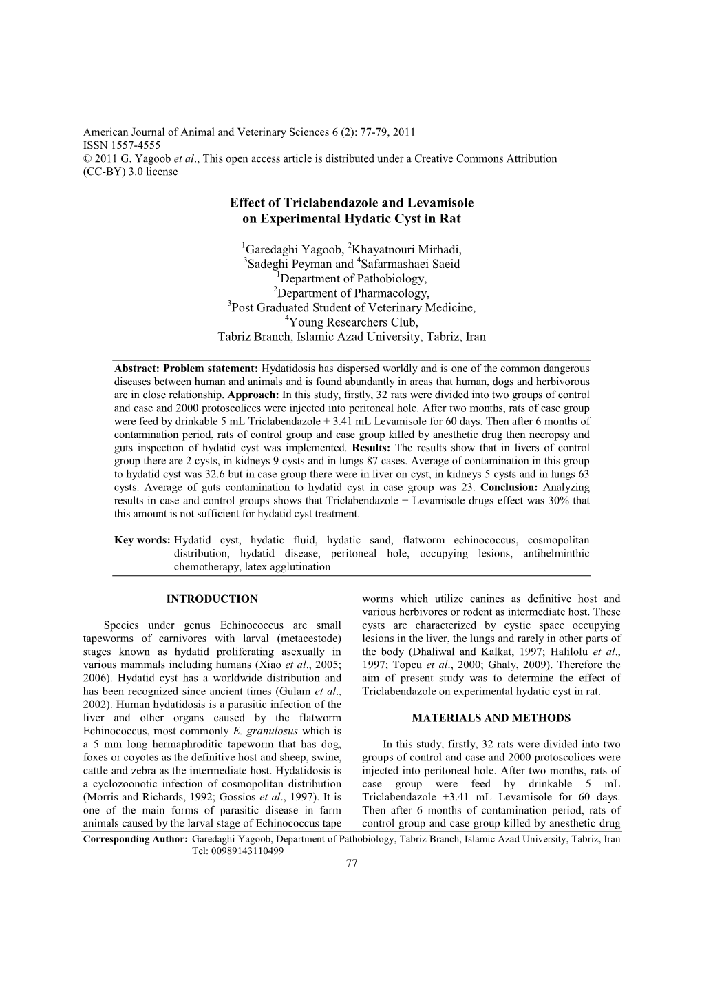 Effect of Triclabendazole and Levamisole on Experimental Hydatic Cyst in Rat