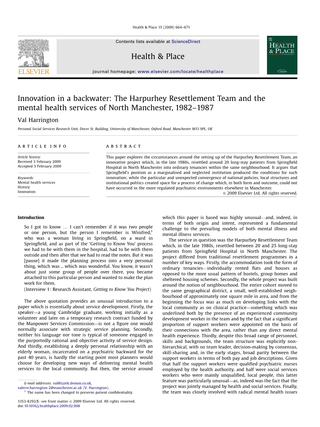 Innovation in a Backwater: the Harpurhey Resettlement Team and the Mental Health Services of North Manchester, 1982–1987
