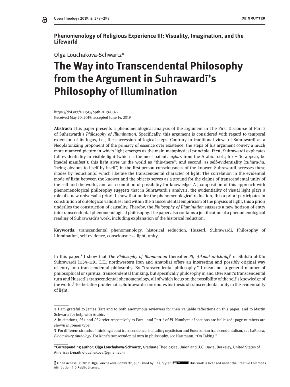 The Way Into Transcendental Philosophy from the Argument in Suhrawardī's Philosophy of Illumination