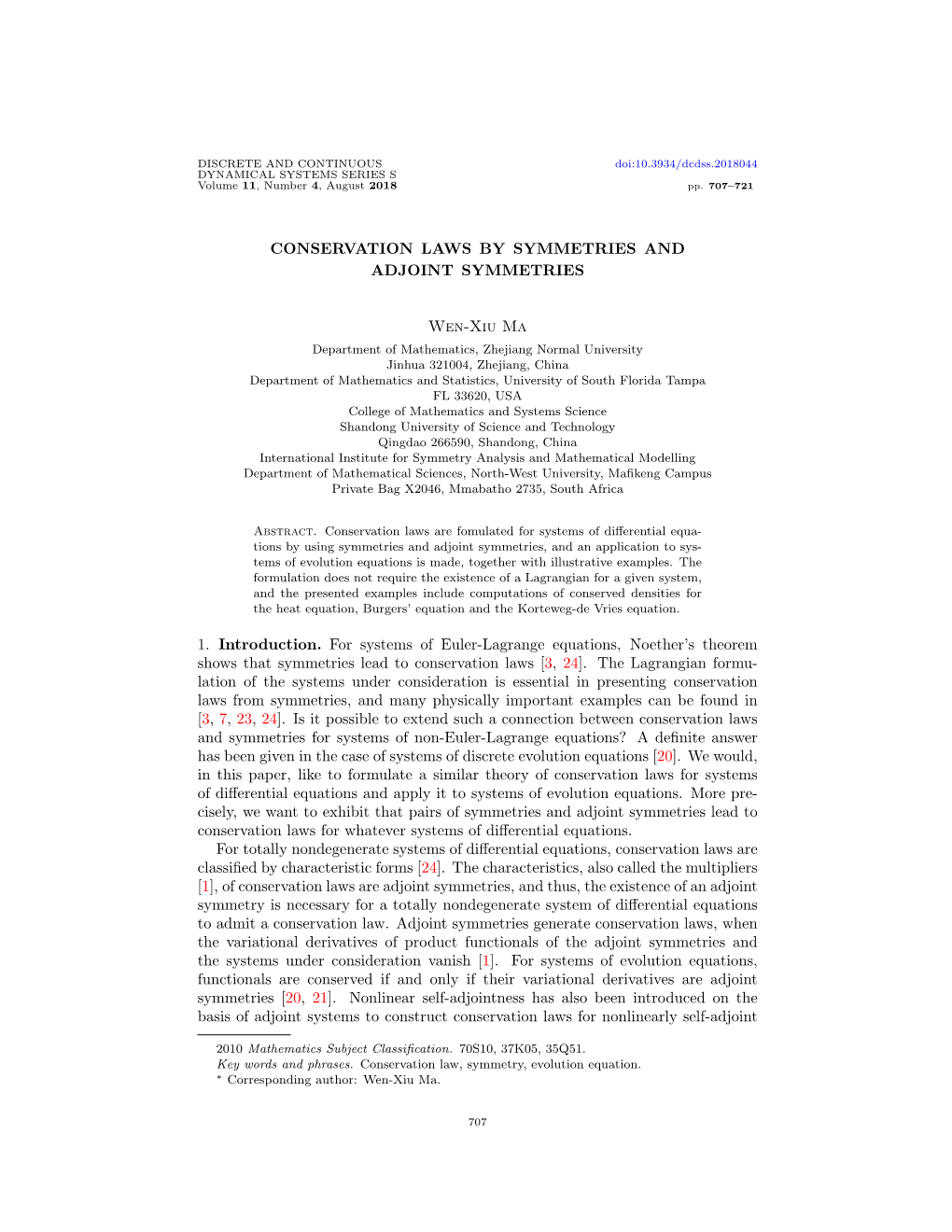 Conservation Laws by Symmetries and Adjoint Symmetries