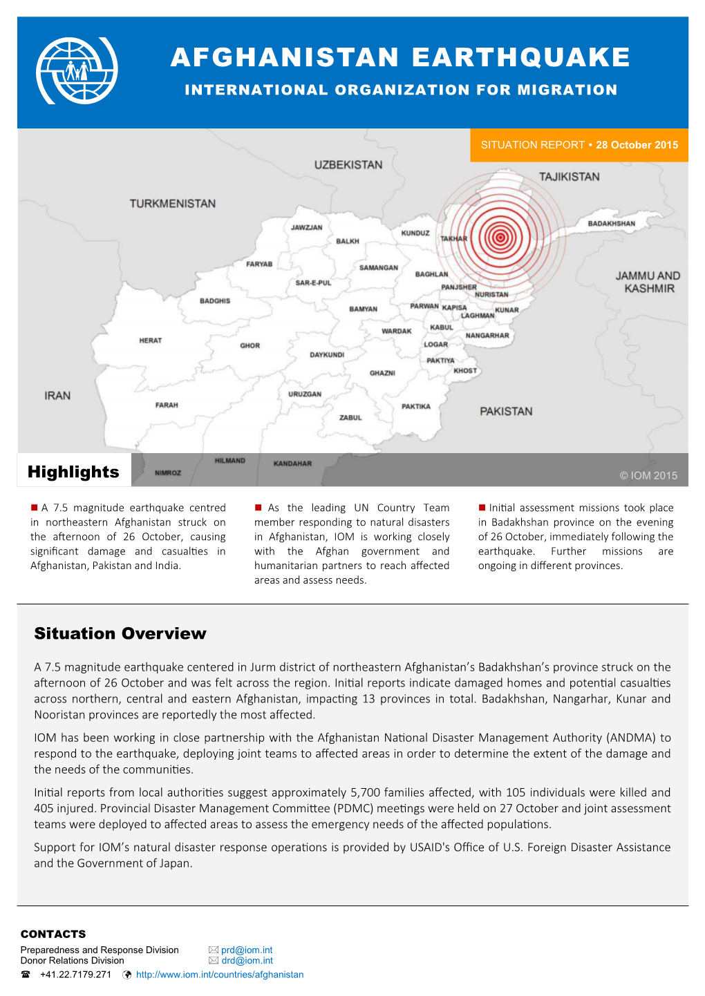 IOM Afghanistan Earthquake Response, 28 October 2015