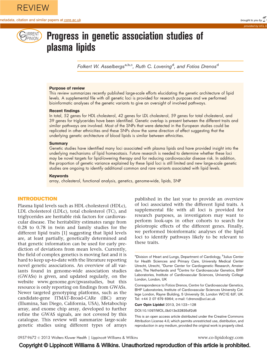 Progress in Genetic Association Studies of Plasma Lipids