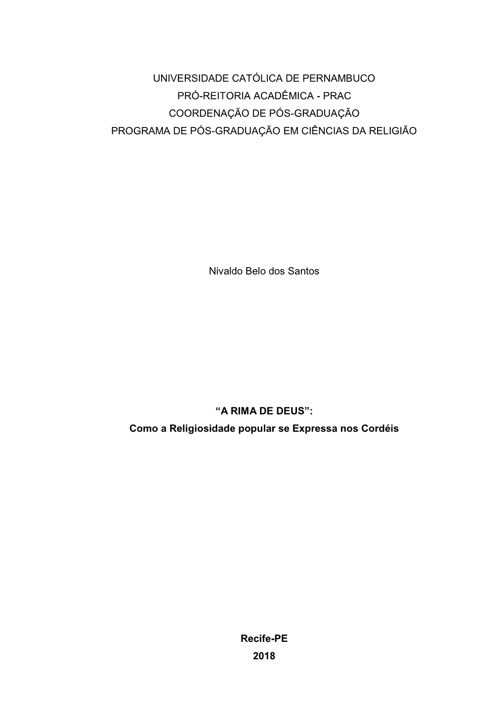 Universidade Católica De Pernambuco Pró-Reitoria Acadêmica - Prac Coordenação De Pós-Graduação Programa De Pós-Graduação Em Ciências Da Religião