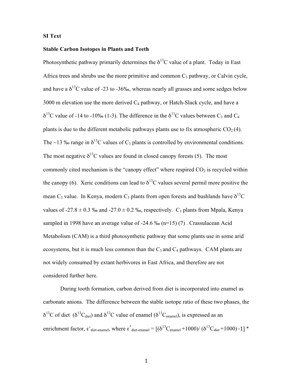 1 SI Text Stable Carbon Isotopes in Plants and Teeth Photosynthetic