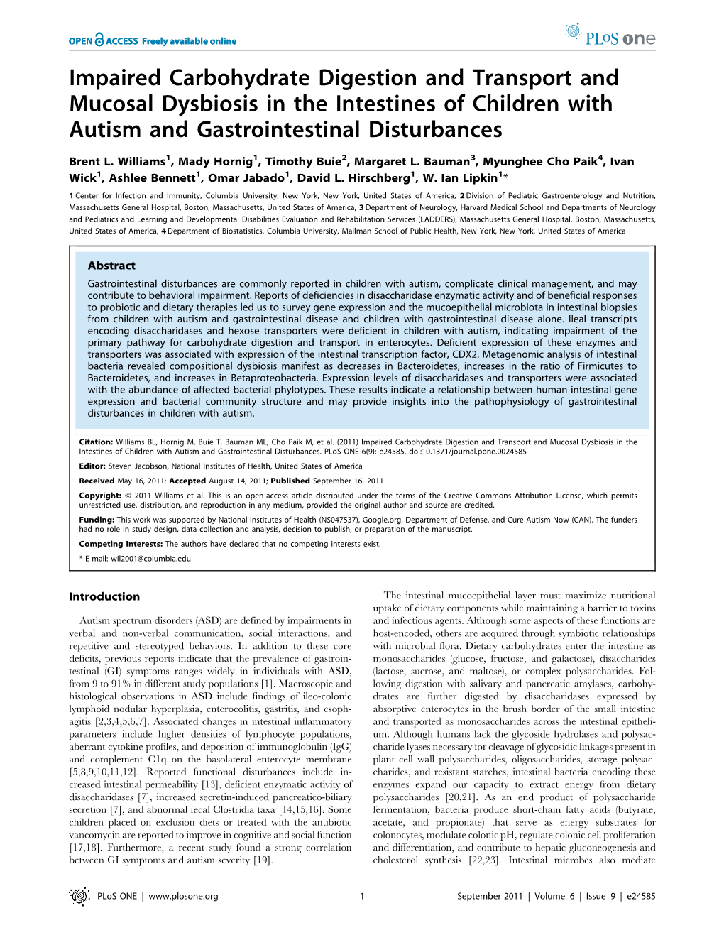 Impaired Carbohydrate Digestion and Transport and Mucosal Dysbiosis in the Intestines of Children with Autism and Gastrointestinal Disturbances