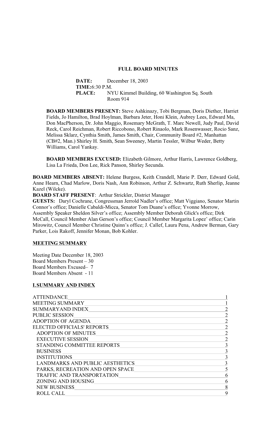 FULL BOARD MINUTES DATE: December 18, 2003