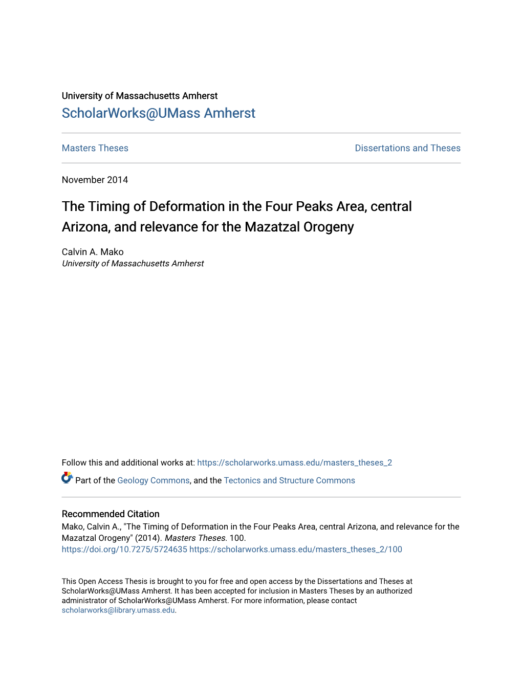 The Timing of Deformation in the Four Peaks Area, Central Arizona, and Relevance for the Mazatzal Orogeny