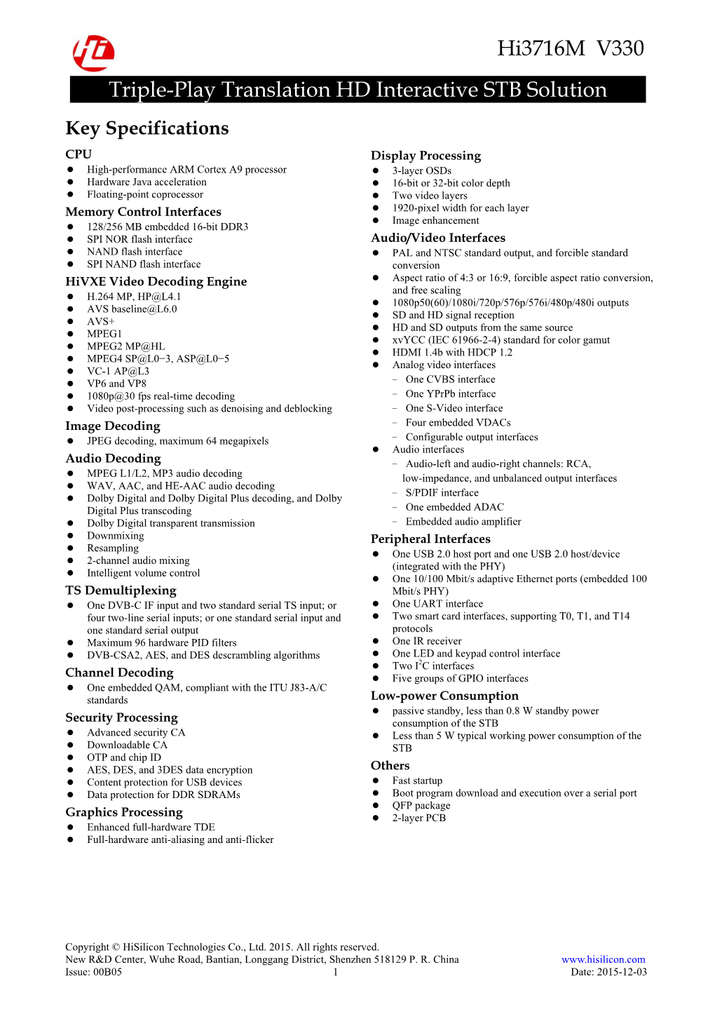 Hi3716m V330 Brief Data Sheet