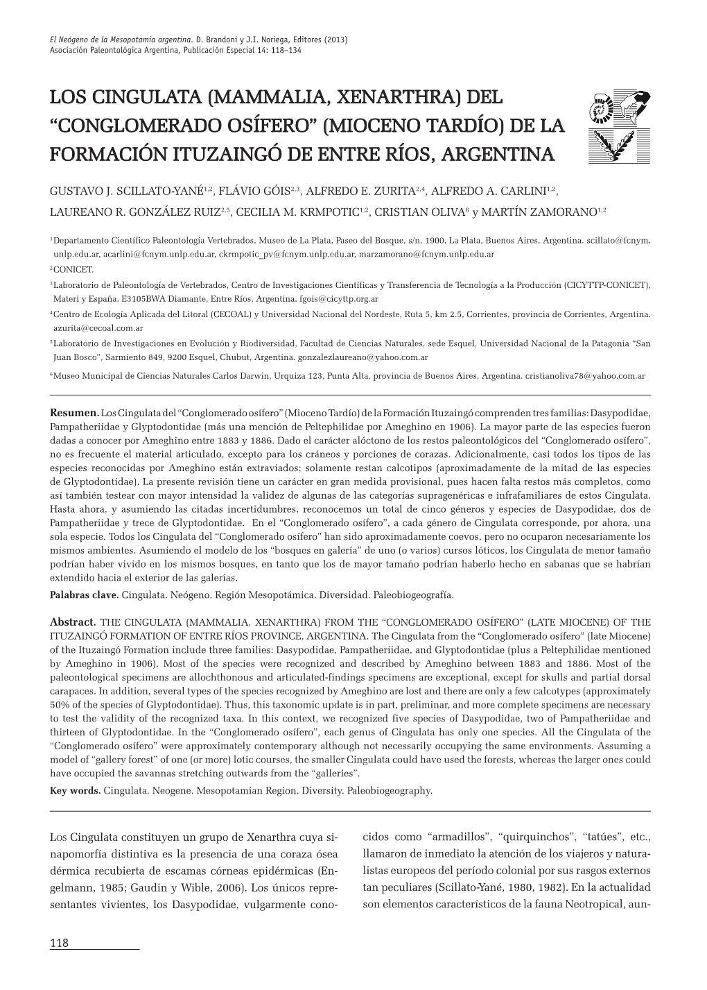 Los Cingulata (Mammalia, Xenarthra) Del “Conglomerado Osífero” (Mioceno Tardío) De La Formación Ituzaingó De Entre Ríos, Argentina