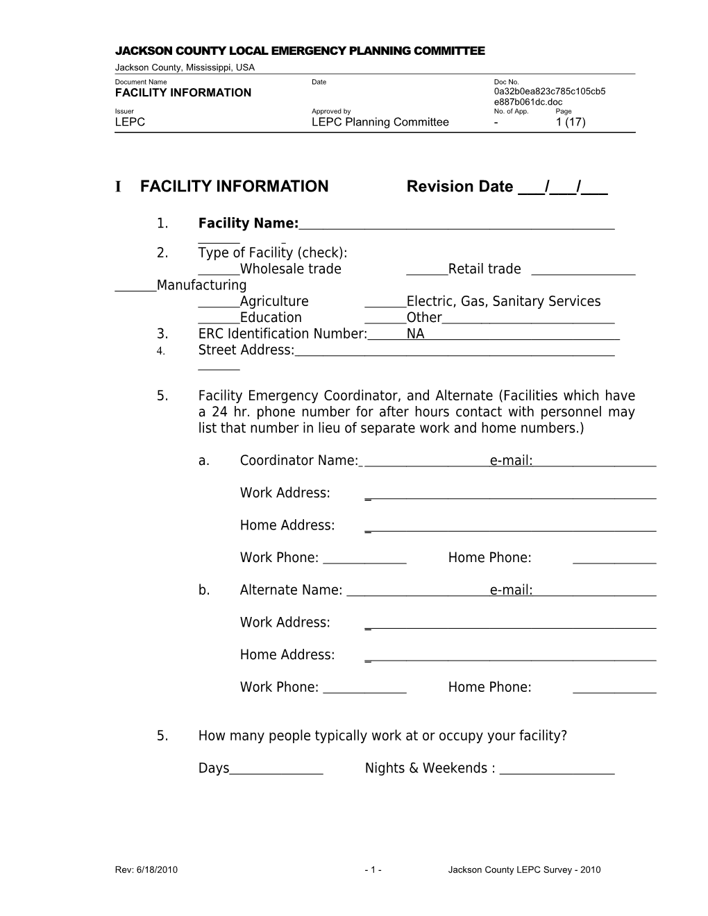 Facility Data Sheet