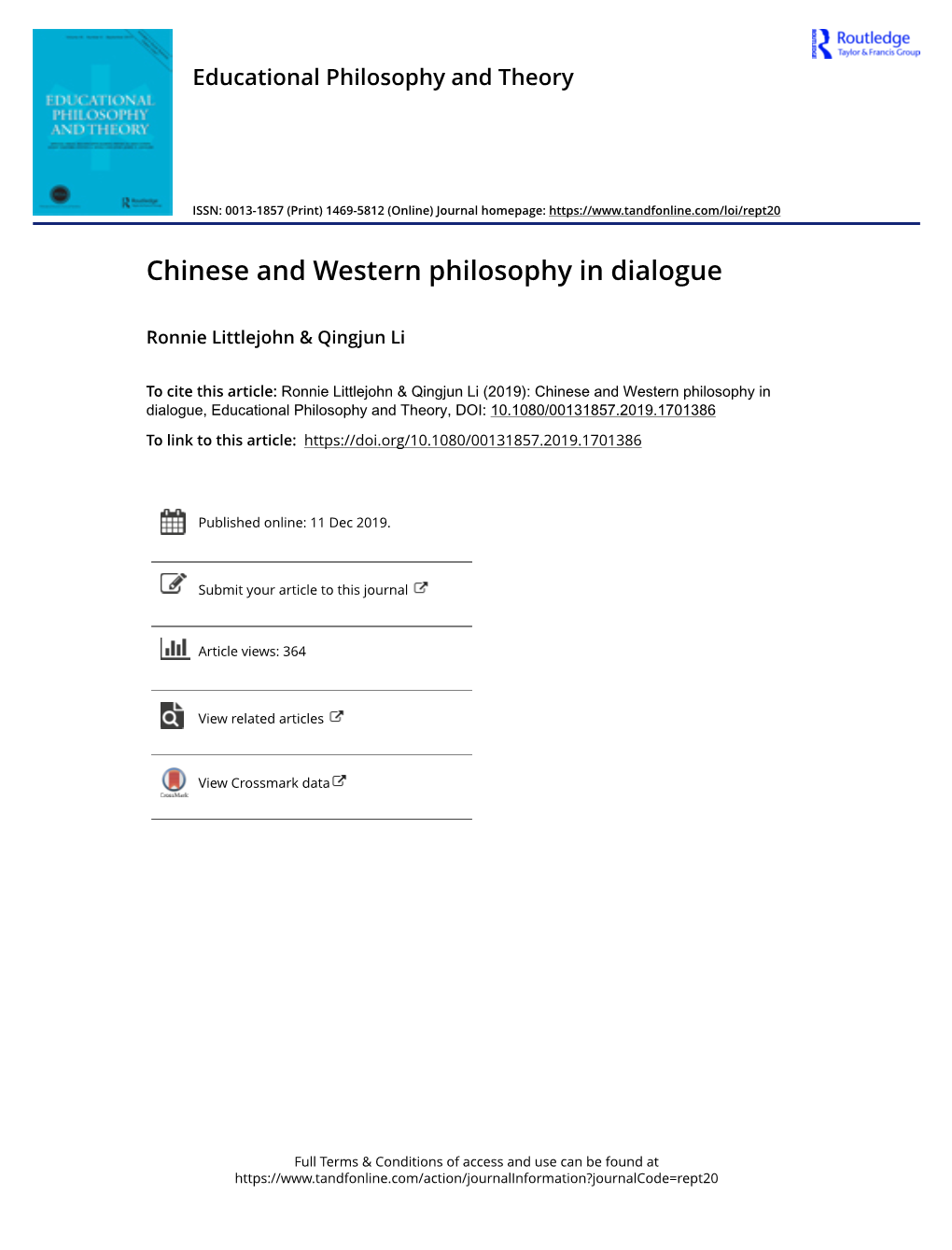 Chinese and Western Philosophy in Dialogue