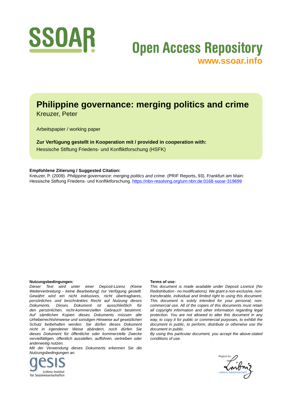 Philippine Governance: Merging Politics and Crime Kreuzer, Peter