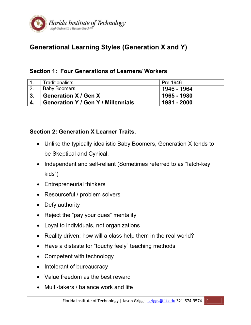 Generational Learning Styles (Generation X and Y)