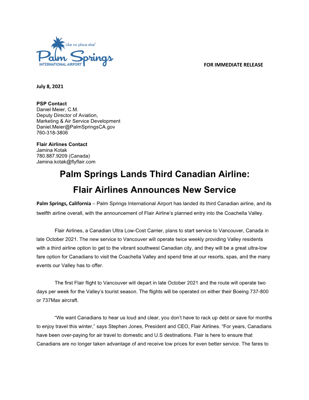Flair Airlines Announces New Seasonal