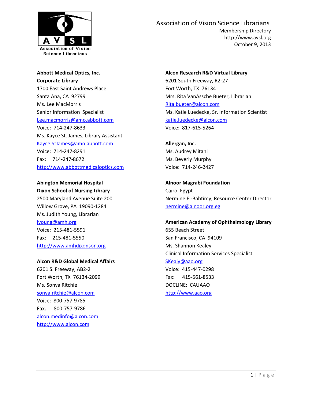 Association of Vision Science Librarians Membership Directory October 9, 2013