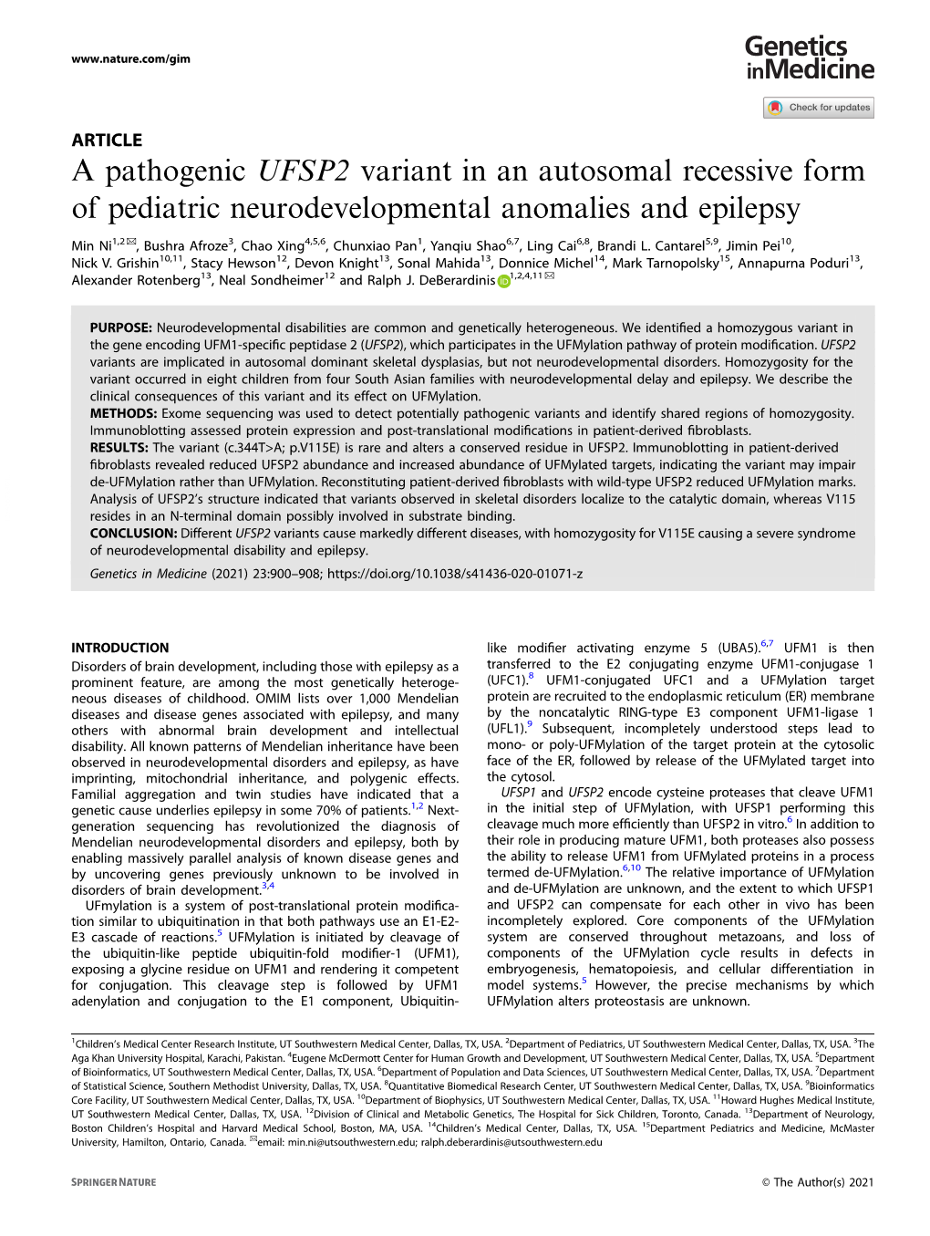 A Pathogenic UFSP2 Variant in an Autosomal Recessive Form