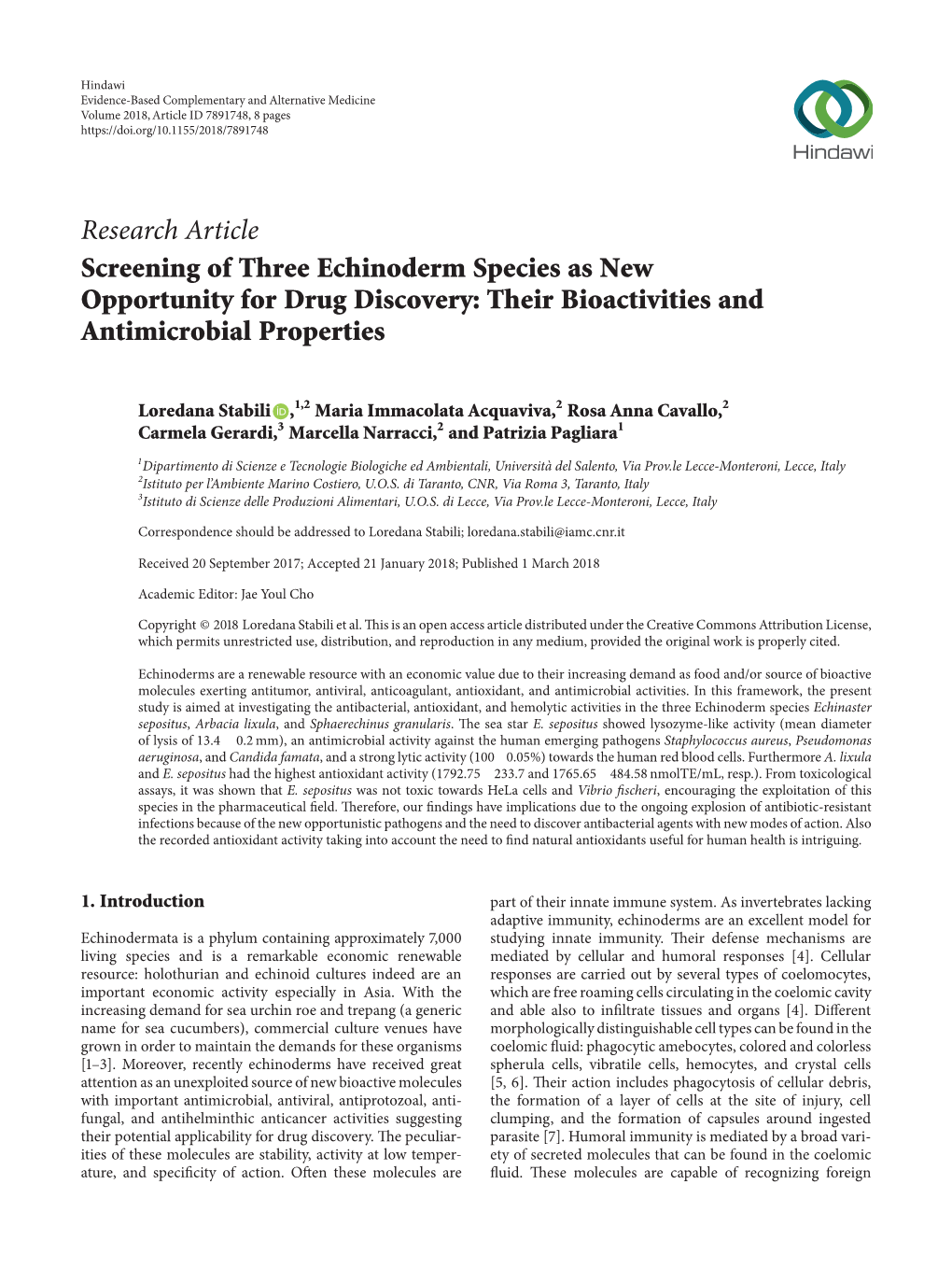 Screening of Three Echinoderm Species As New Opportunity for Drug Discovery: Their Bioactivities and Antimicrobial Properties