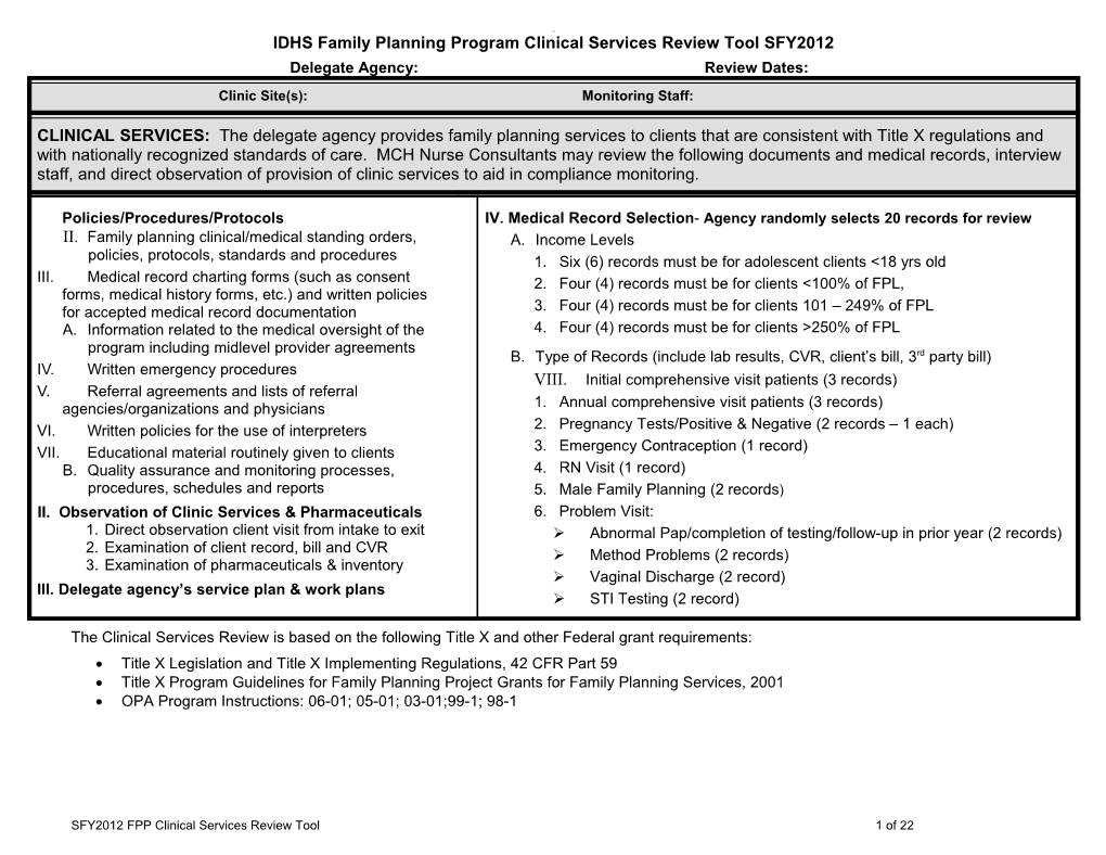 IDHS Family Planning Program Clinical Services Review Tool SFY2012