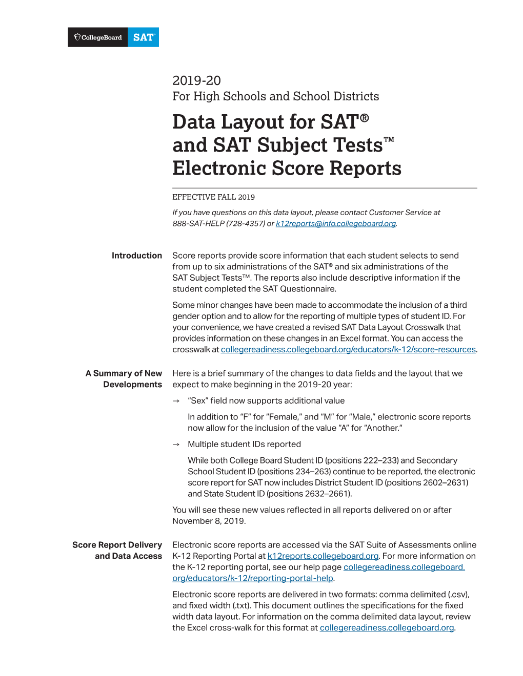 Data Layout for SAT® and SAT Subject Tests™ Electronic Score Reports