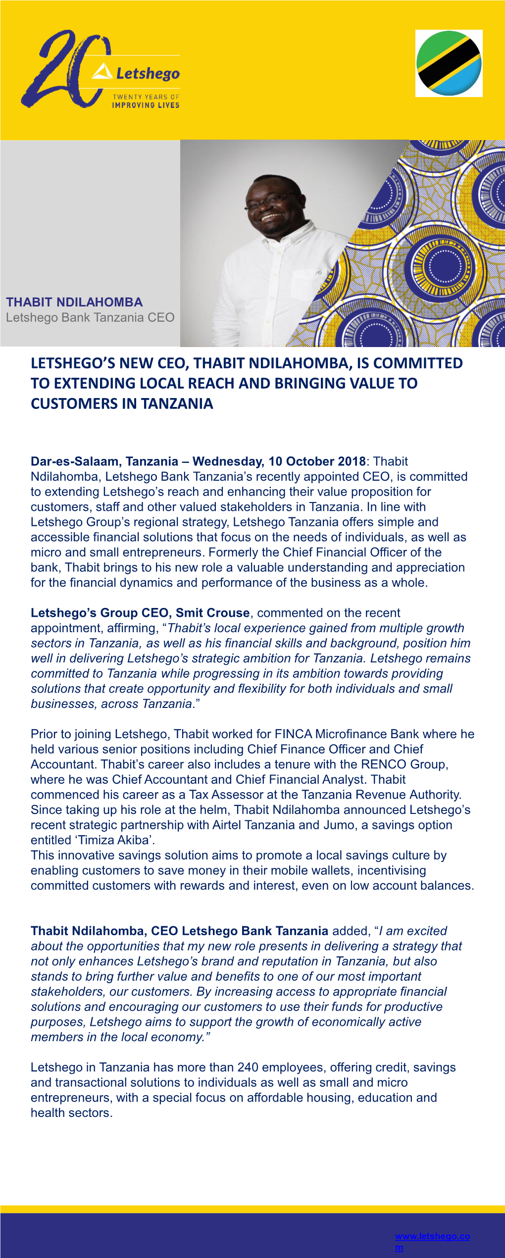 Letshego's New Ceo, Thabit Ndilahomba, Is Committed to Extending Local Reach and Bringing Value to Customers in Tanzania