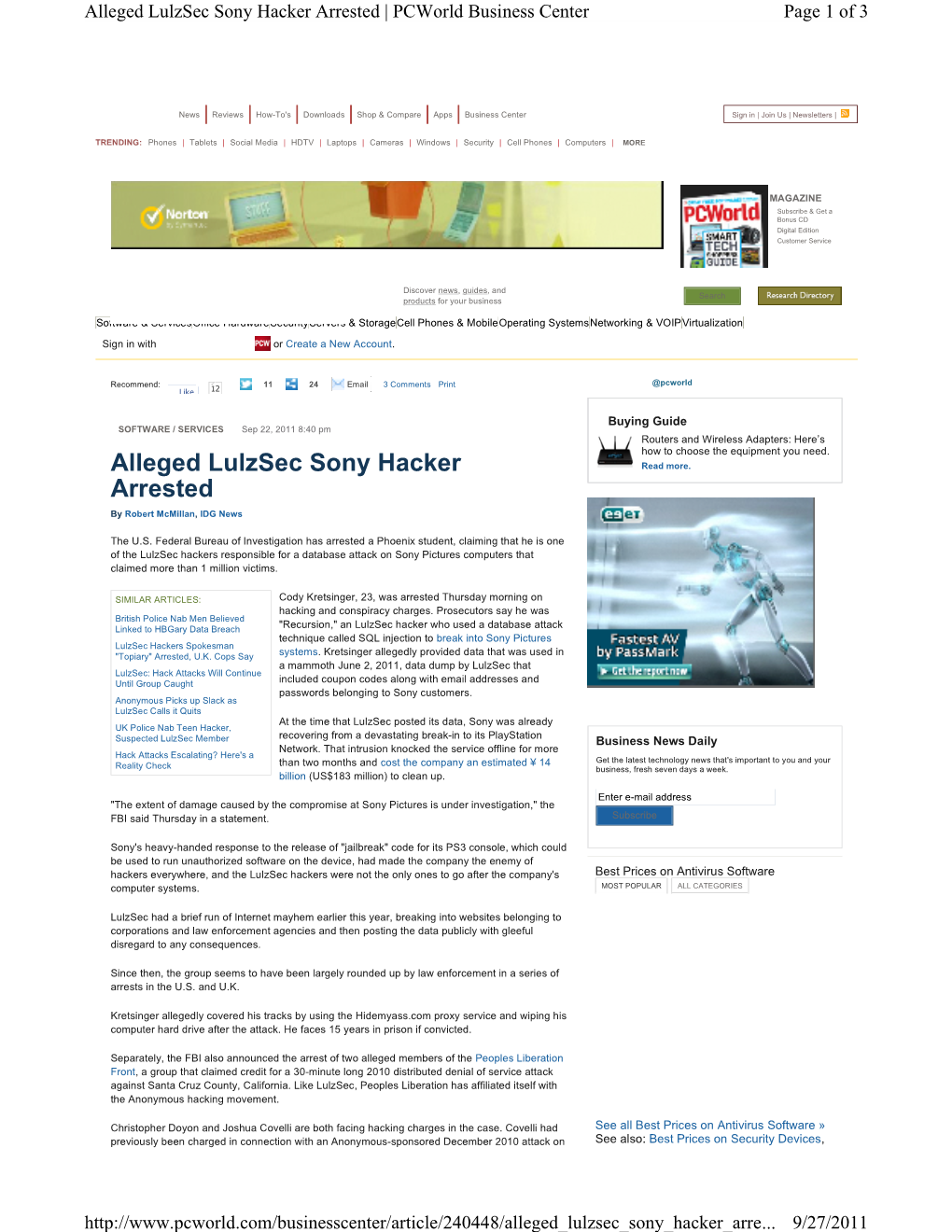 Alleged Lulzsec Sony Hacker Arrested | Pcworld Business Center Page 1 of 3