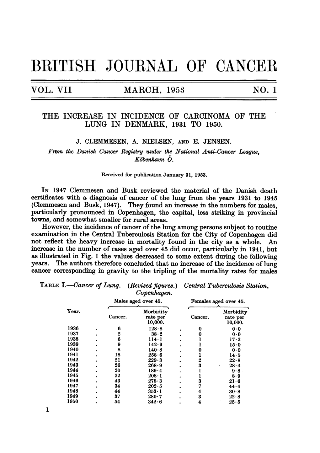 Vol. Vii March, 1953 Lung in Denmark, 1931 to 1950