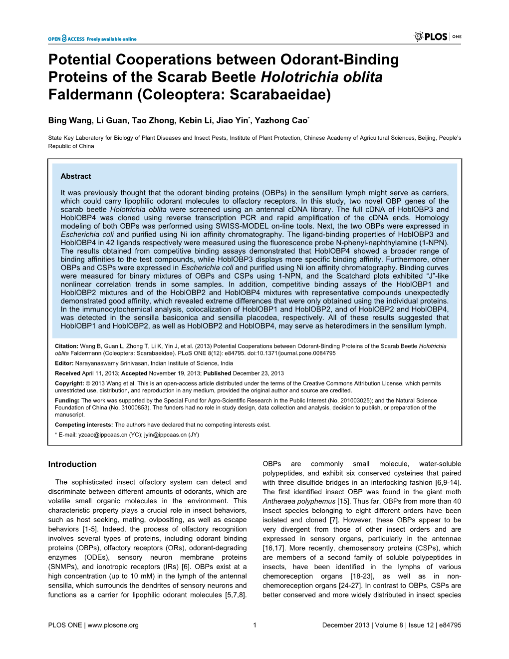 Potential Cooperations Between Odorant-Binding Proteins of the Scarab Beetle Holotrichia Oblita Faldermann (Coleoptera: Scarabaeidae)