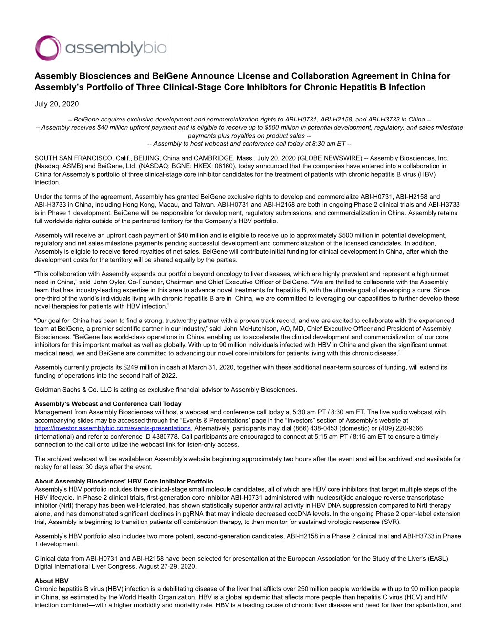Assembly Biosciences and Beigene Announce License And