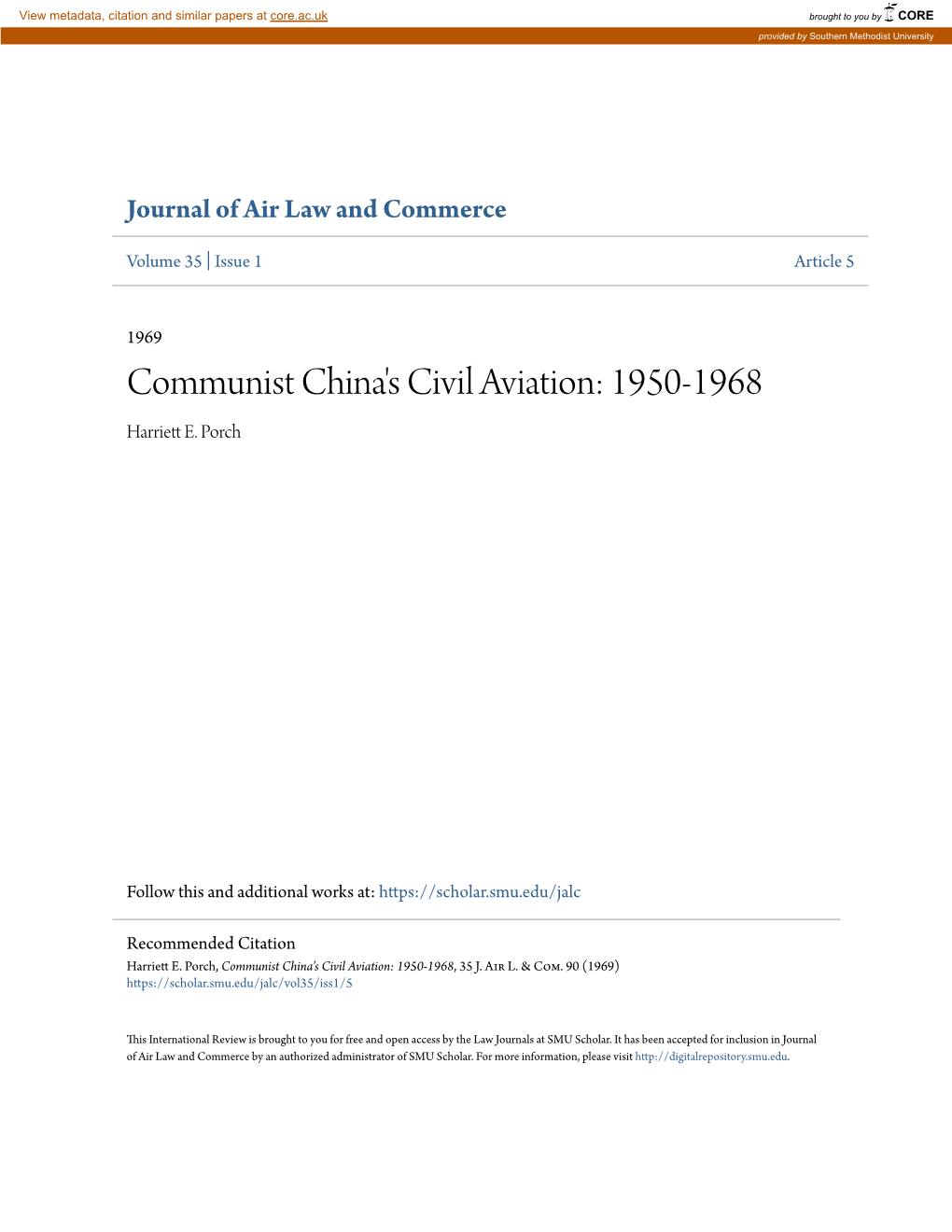 Communist China's Civil Aviation: 1950-1968 Harriett E