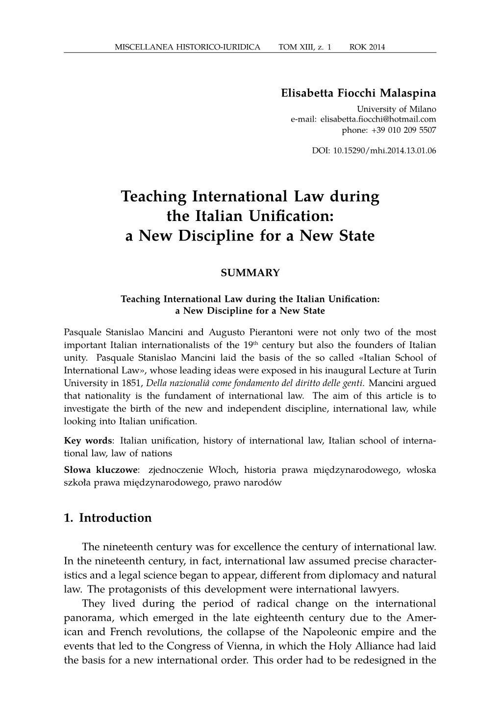 Teaching International Law During the Italian Unification: a New Discipline