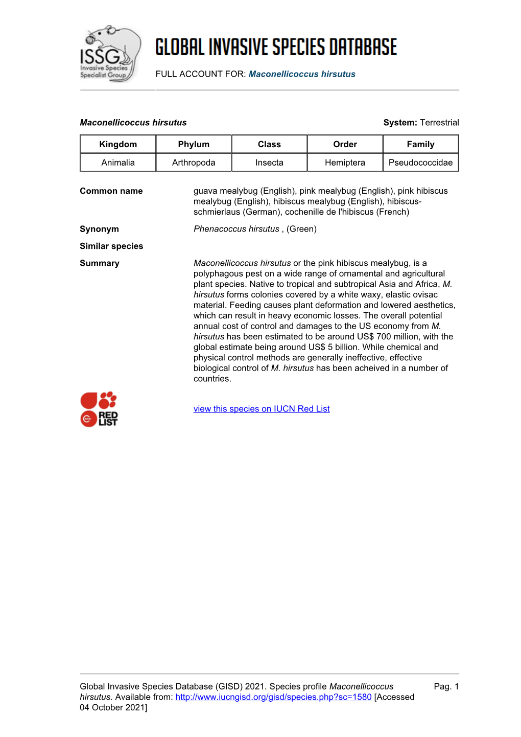 FULL ACCOUNT FOR: Maconellicoccus Hirsutus Global Invasive Species Database (GISD) 2021. Species Profile Maconellicoccus Hirsutu