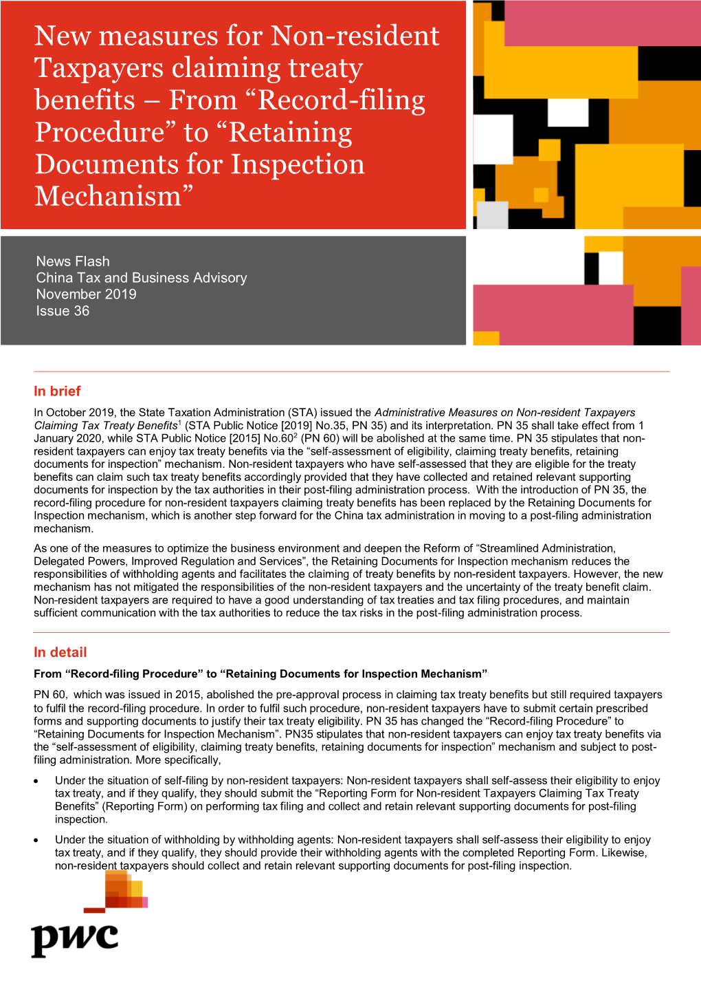 New Measures for Non-Resident Taxpayers Claiming Treaty Benefits – from “Record-Filing Procedure” to “Retaining Documents for Inspection Mechanism”