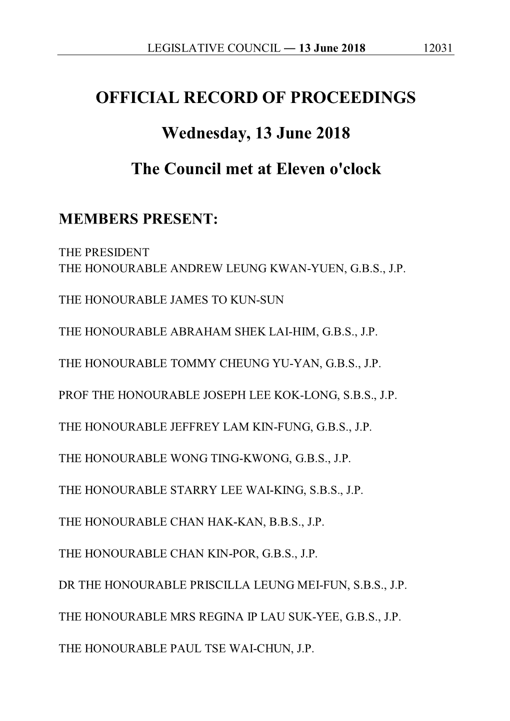 OFFICIAL RECORD of PROCEEDINGS Wednesday, 13