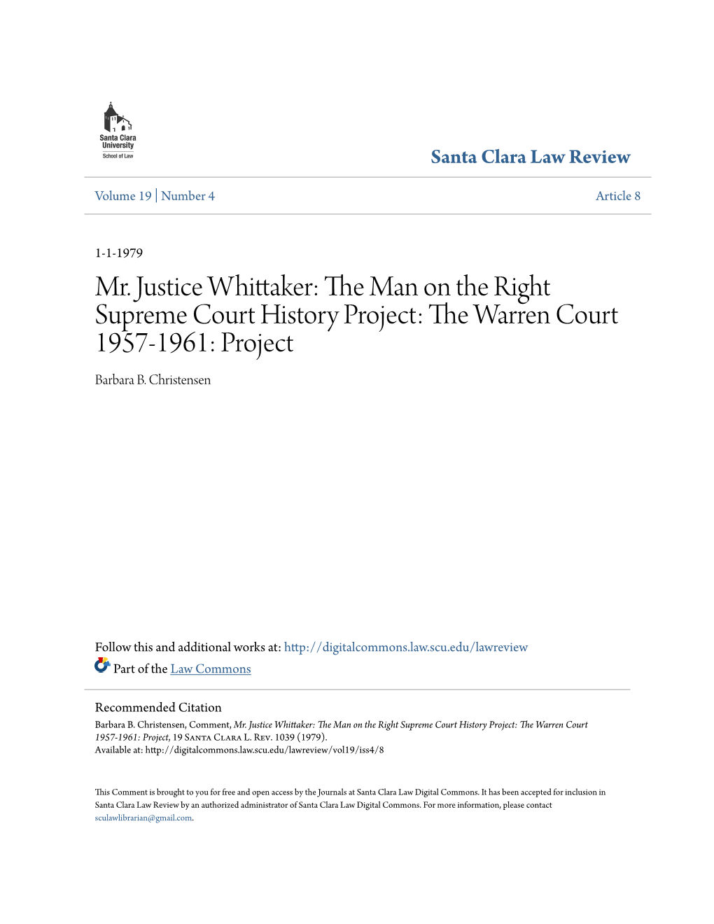 Mr. Justice Whittaker: the Am N on the Right Supreme Court History Project: the Aw Rren Court 1957-1961: Project Barbara B