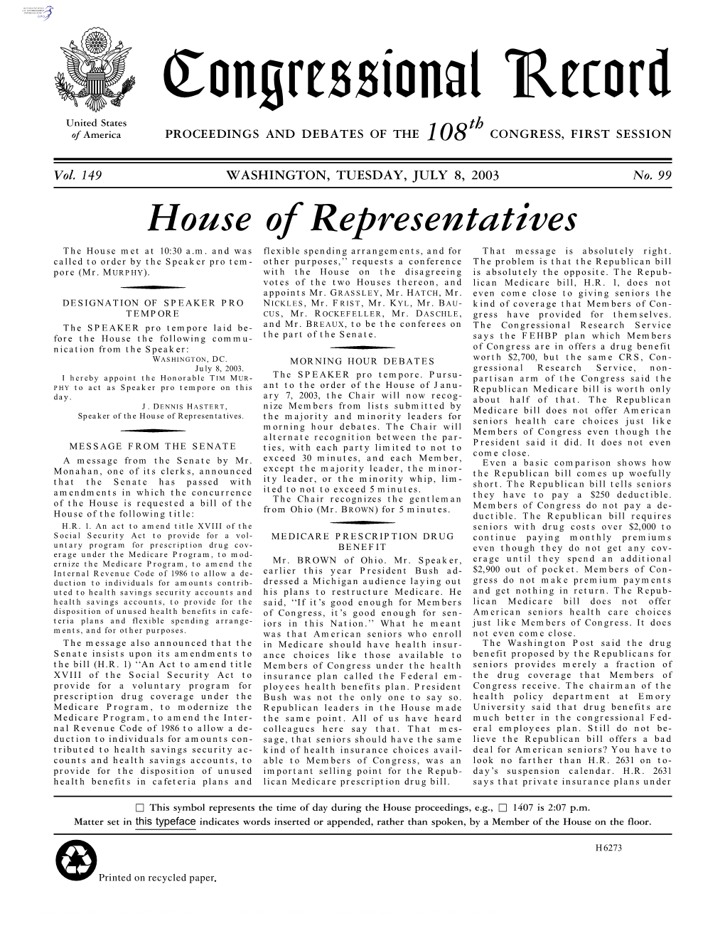 Congressional Record United States Th of America PROCEEDINGS and DEBATES of the 108 CONGRESS, FIRST SESSION