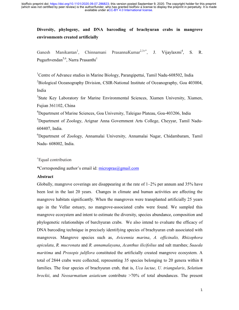 Diversity, Phylogeny, and DNA Barcoding of Brachyuran Crabs in Mangrove Environments Created Artificially