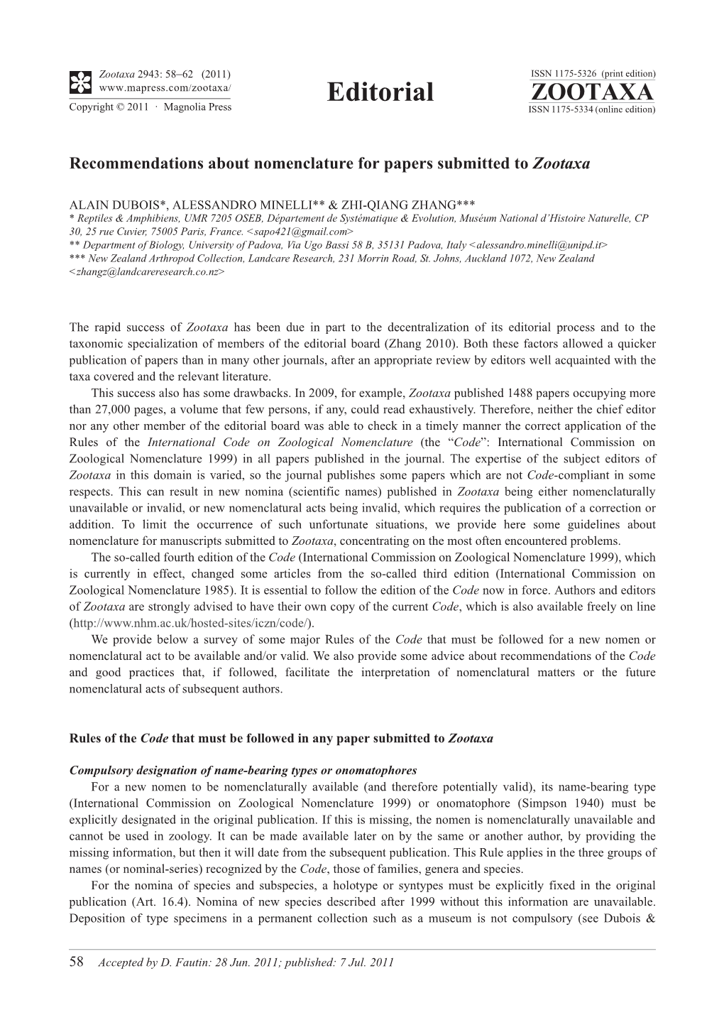 Recommendations About Nomenclature for Papers Submitted to Zootaxa