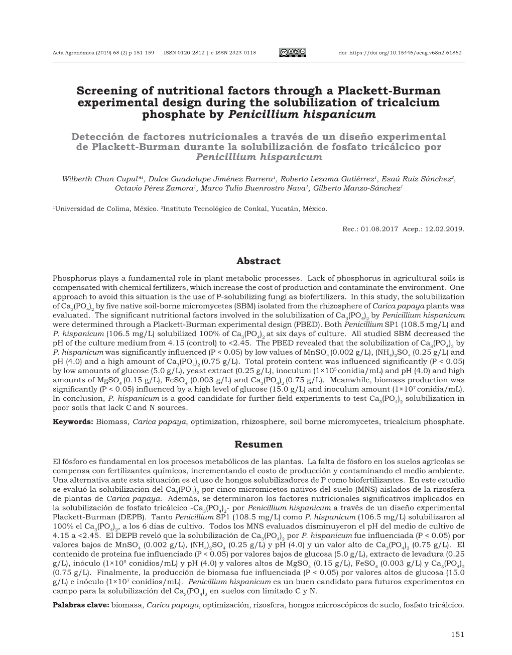 Screening of Nutritional Factors Through a Plackett-Burman Experimental Design During the Solubilization of Tricalcium Phosphate by Penicillium Hispanicum