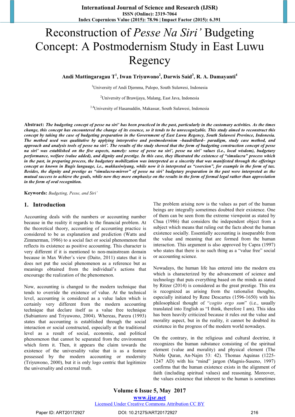 Reconstruction of Pesse Na Siri' Budgeting Concept: A