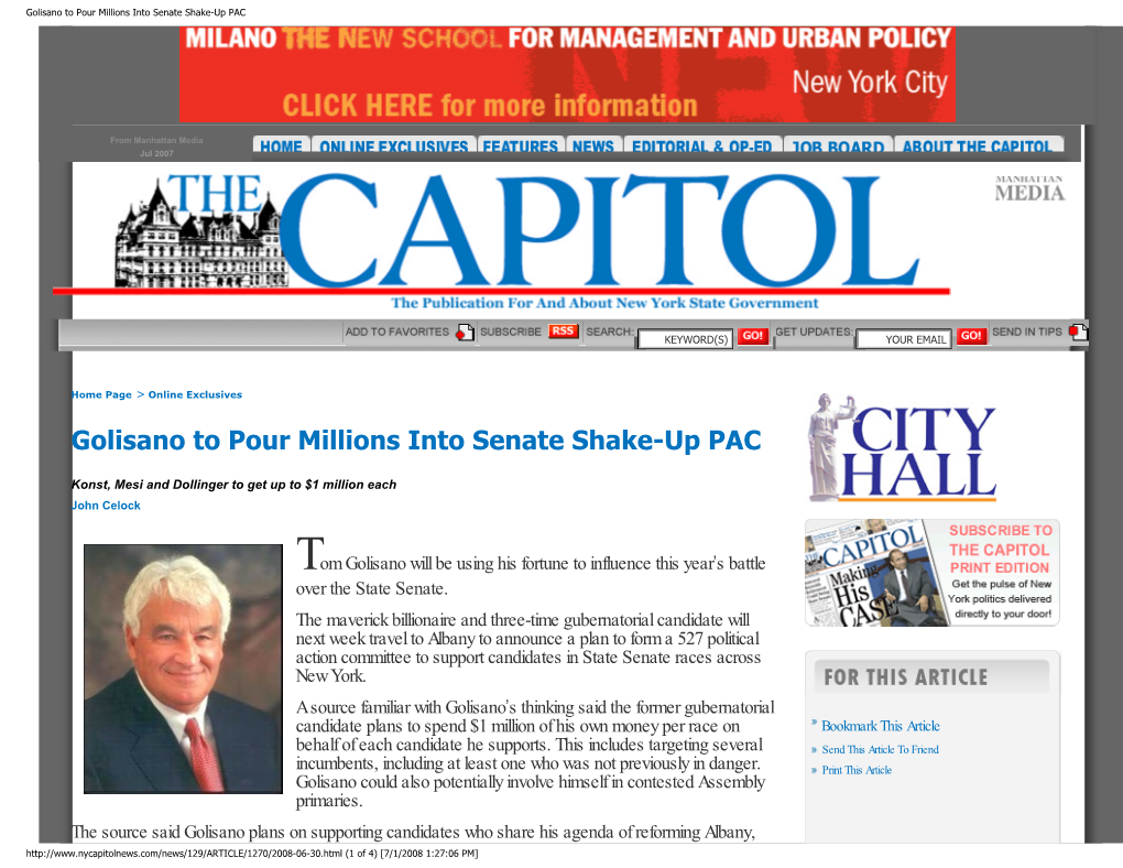 Golisano to Pour Millions Into Senate Shake-Up PAC