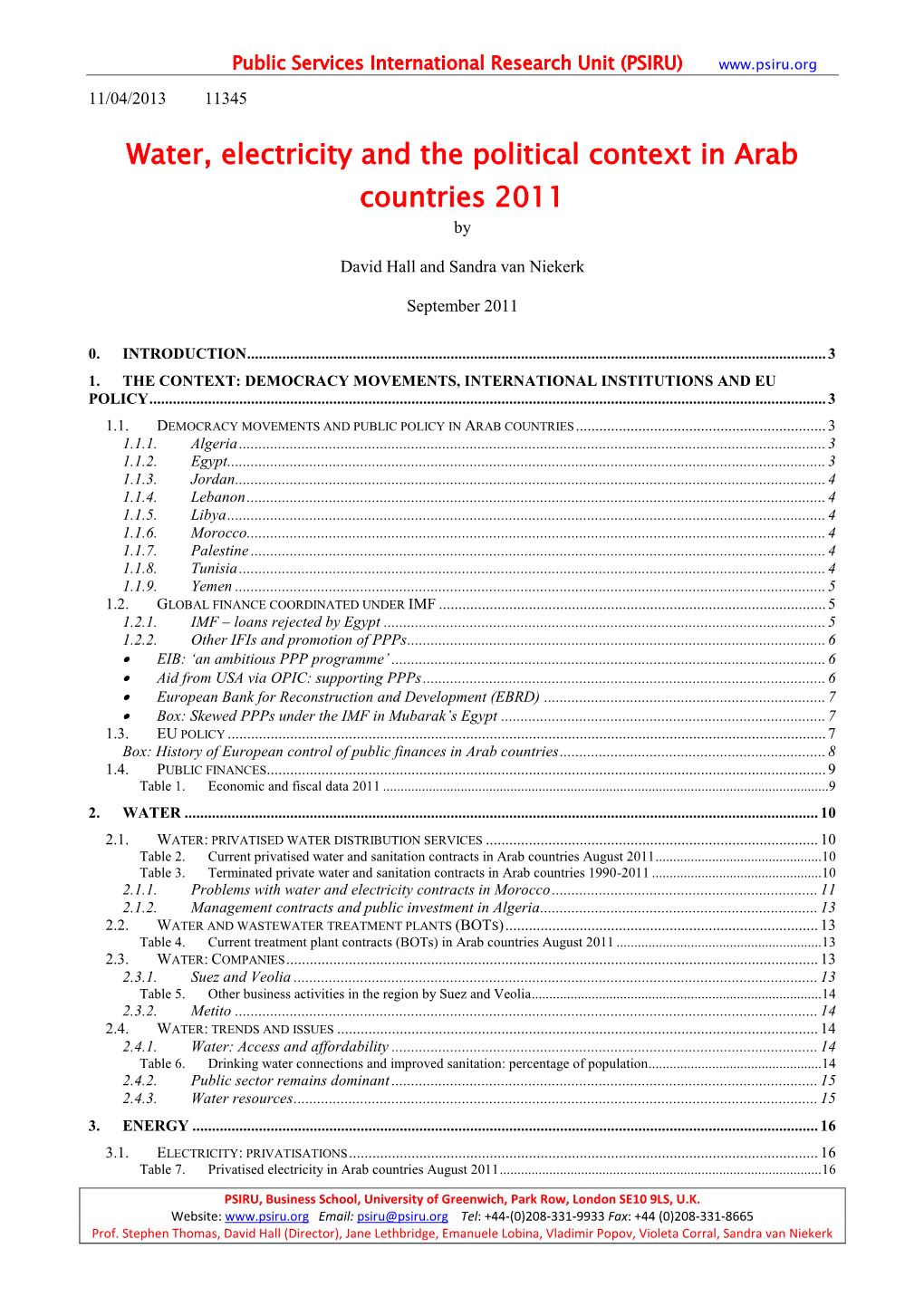 Water, Electricity and the Political Context in Arab Countries 2011 By