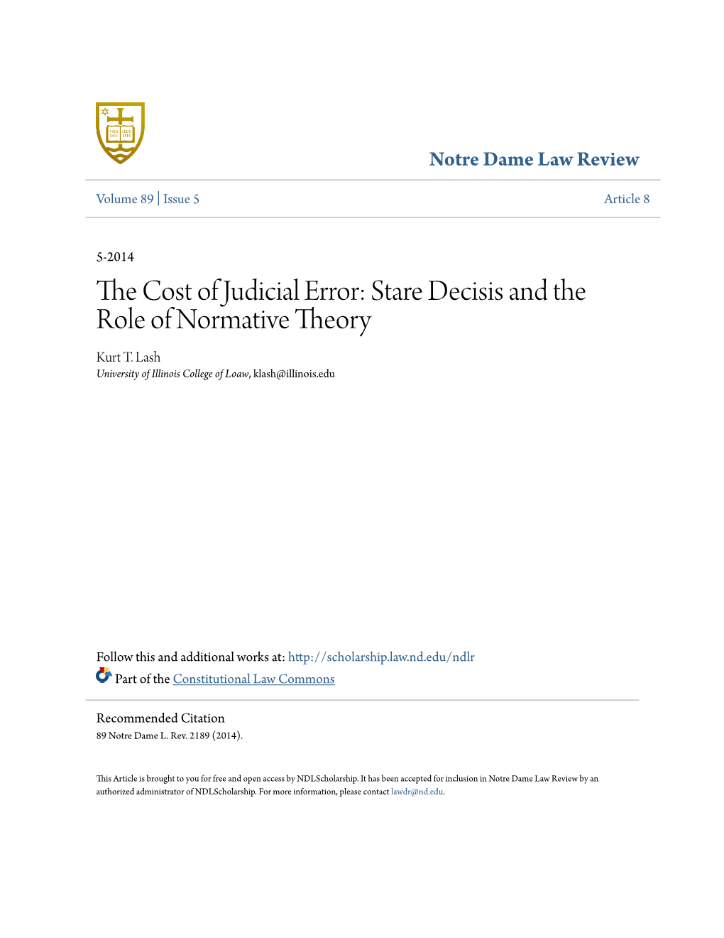 The Cost of Judicial Error: Stare Decisis and the Role of Normative Theory