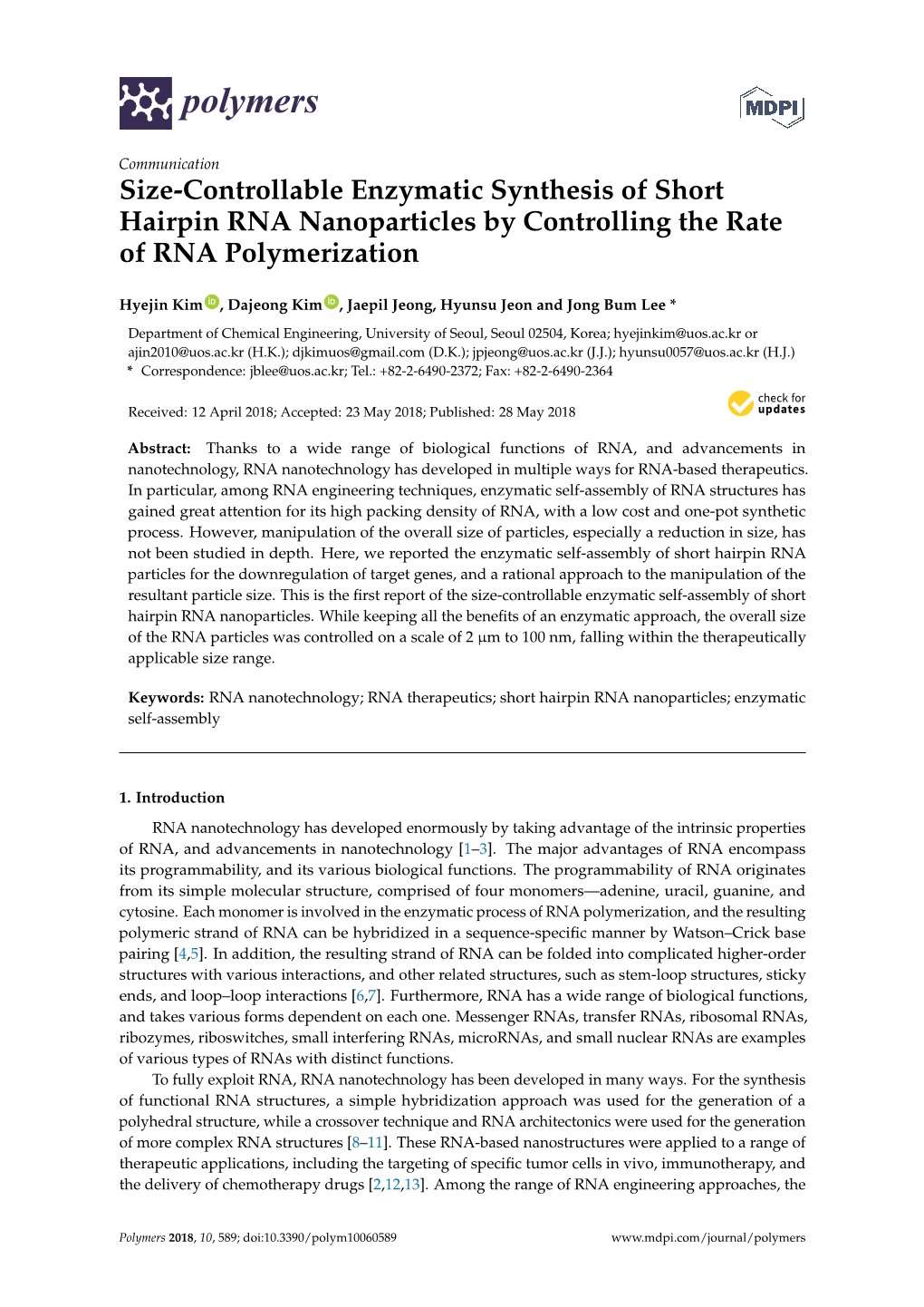 Size-Controllable Enzymatic Synthesis of Short Hairpin RNA Nanoparticles by Controlling the Rate of RNA Polymerization