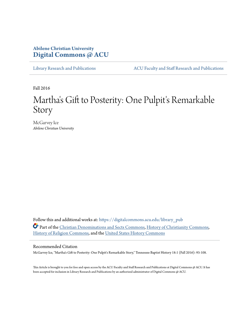 Martha's Gift to Posterity: One Pulpit's Remarkable Story