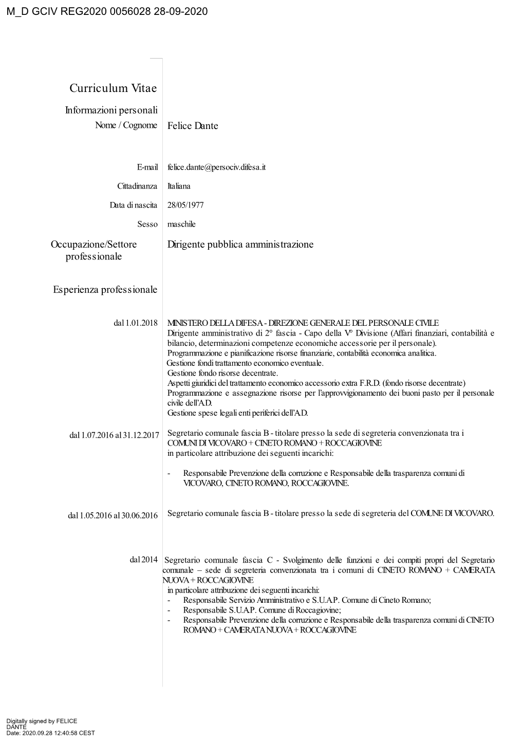 Curriculum Vitae DANTE Felice