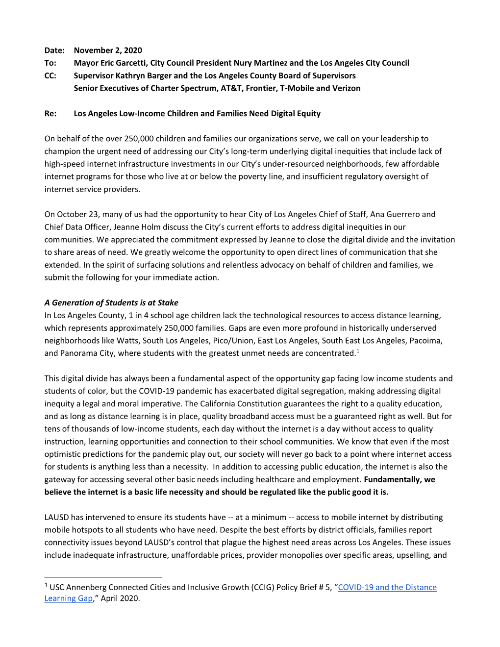 Date: November 2, 2020 To: Mayor Eric Garcetti, City Council President