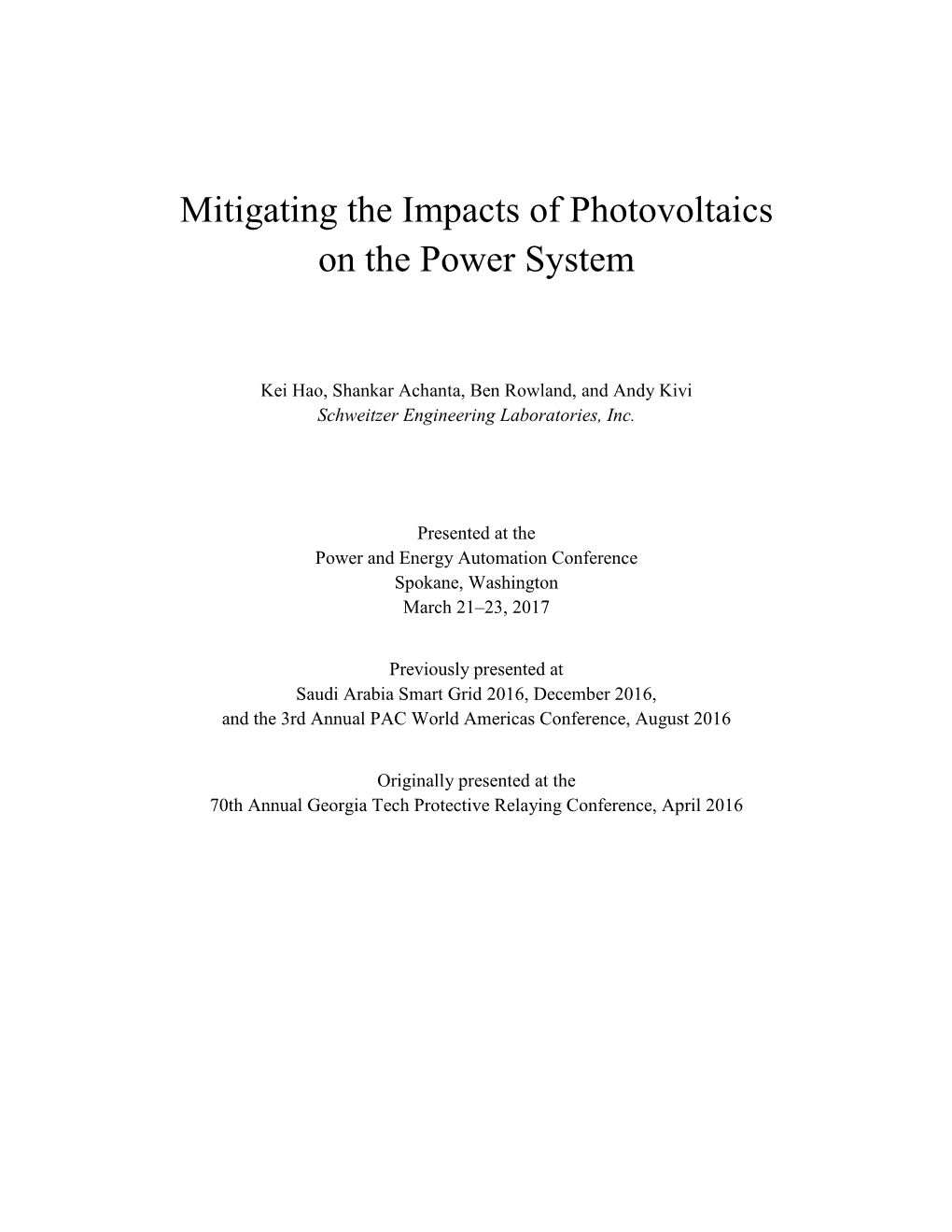 Mitigating the Impacts of Photovoltaics on the Power System